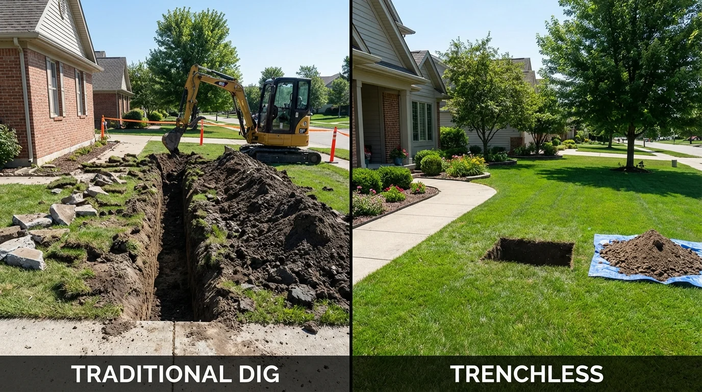 Trenchless sewer repair with minimal yard damage versus traditional excavation in Chesterfield, MO